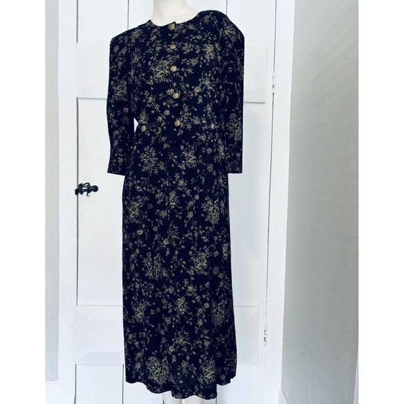 Vintage Peri Petites Black & Gold Floral Dress - Buttons - Size 14 - Retro Soft - Picture 1 of 11